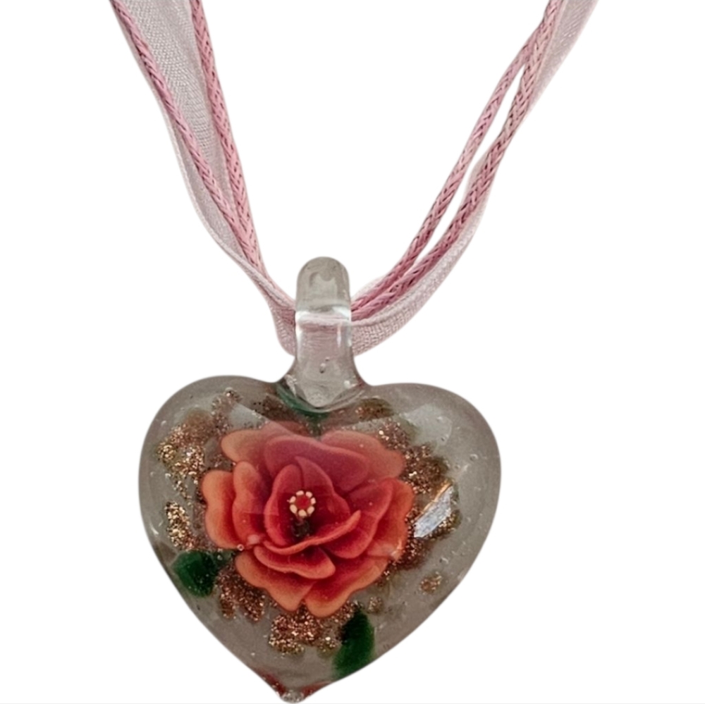Glass heart necklace with pink ribbon